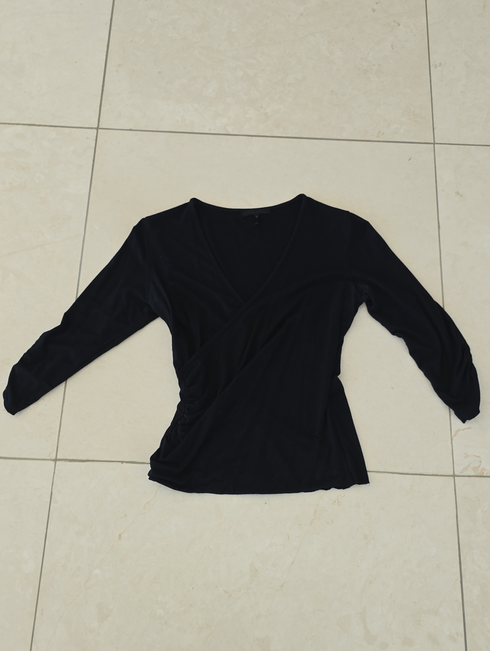 Wrap-Style Three-Quarter Sleeve Women’s Top - Black - Petite Small